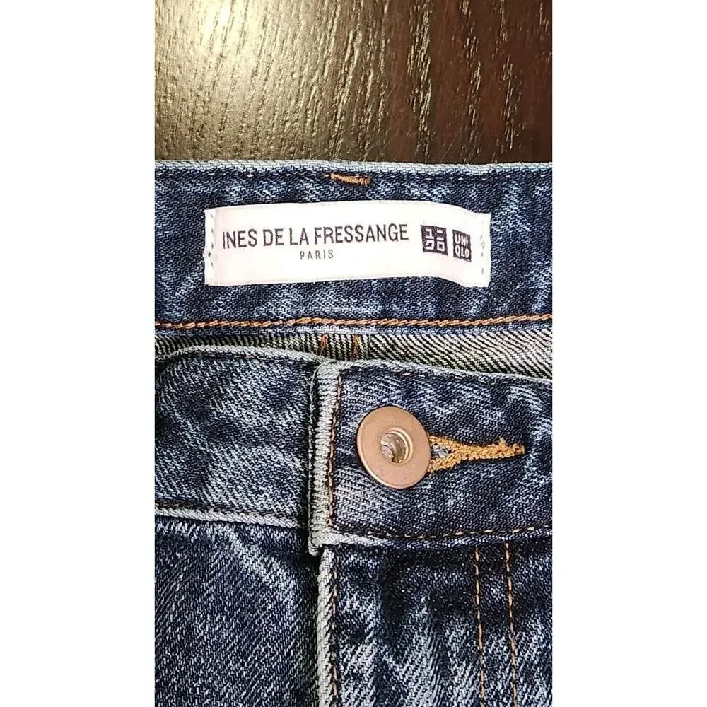 Ines De La Fressange Uniqlo Straight Jeans Slim Flare Mid Rise Blue Sz 32‎ - Picture 4 of 8